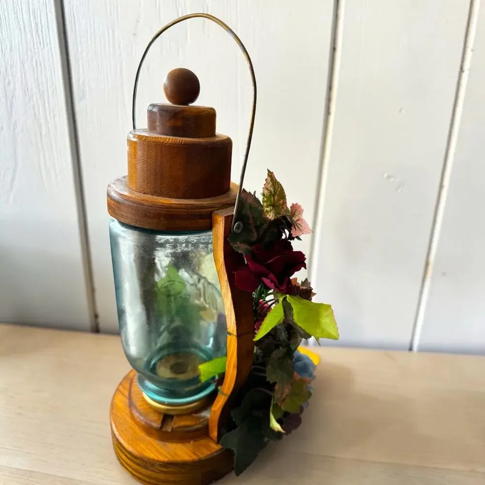 Vintage Handmade Wood Candle Lantern Aqua Perfect Mason Jar Silk Flowers